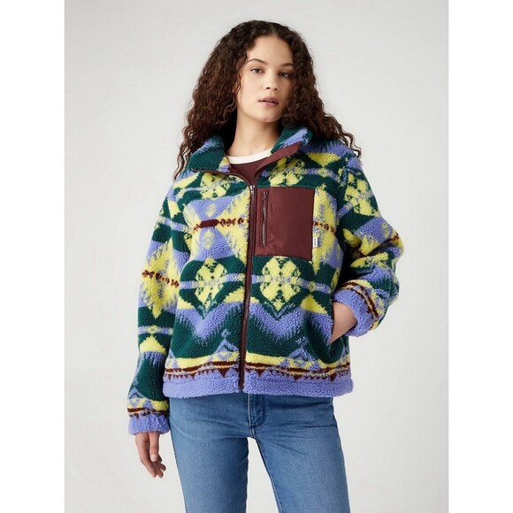 Wrangler Womens Sherpa Jacket Southwestern Print Full Zip Fleece Purple Yellow - Picture 9 of 16